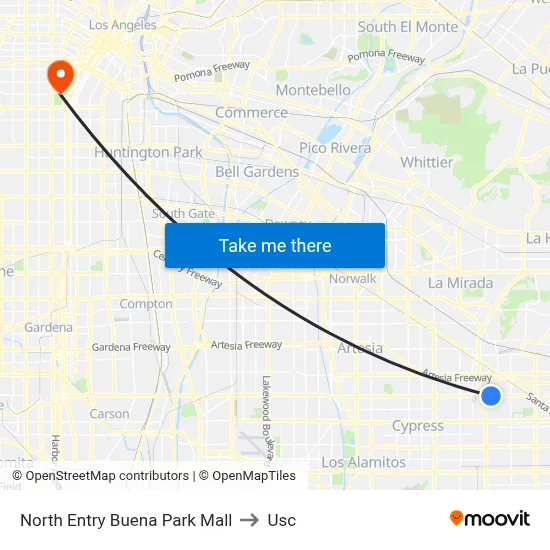 North Entry Buena Park Mall to Usc map