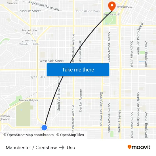 Manchester / Crenshaw to Usc map