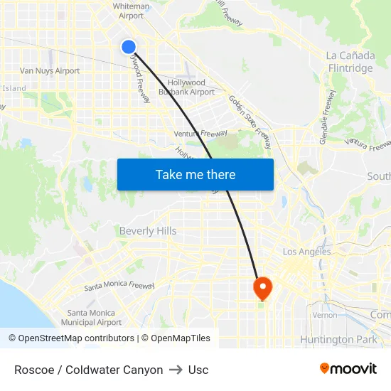 Roscoe / Coldwater Canyon to Usc map
