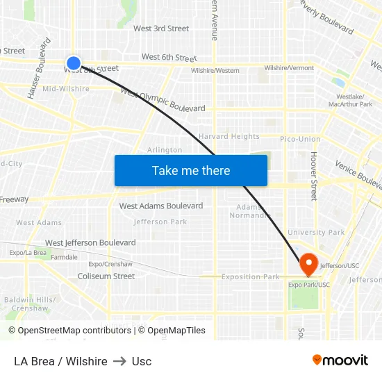 LA Brea / Wilshire to Usc map