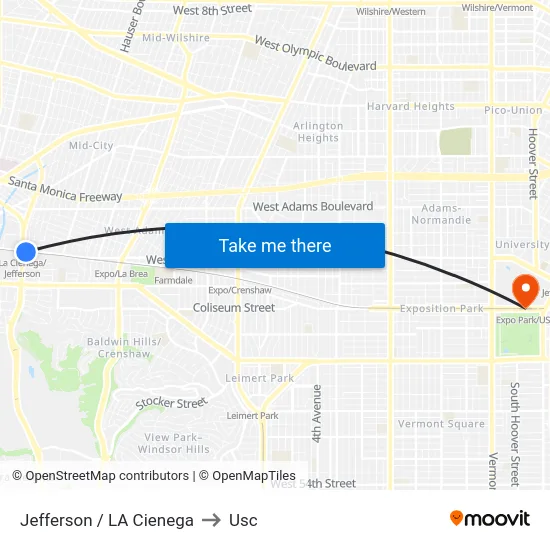 Jefferson / LA Cienega to Usc map