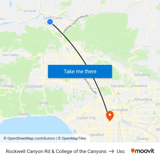 Rockwell Canyon Rd & College of the Canyons to Usc map