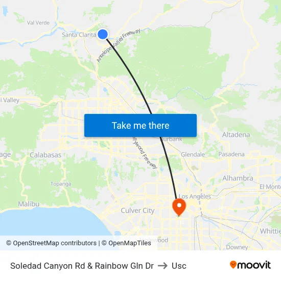 Soledad Canyon Rd & Rainbow Gln Dr to Usc map