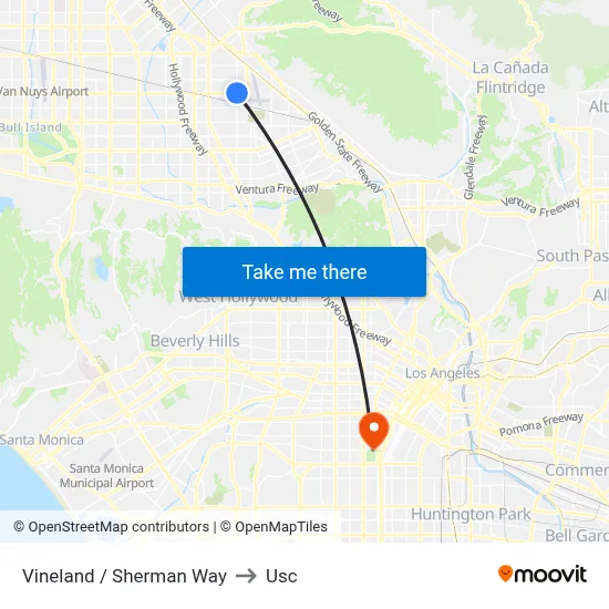 Vineland / Sherman Way to Usc map