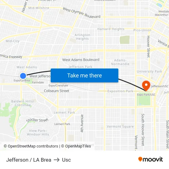 Jefferson / LA Brea to Usc map