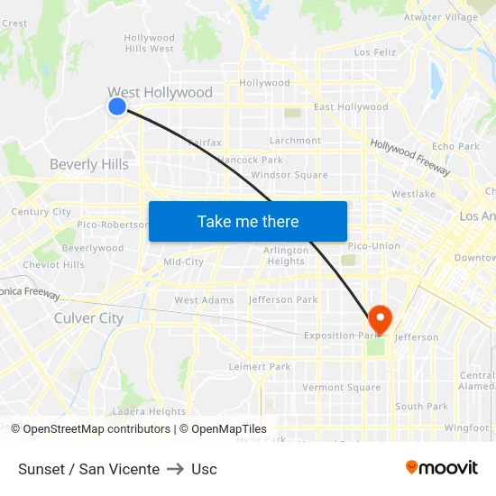 Sunset / San Vicente to Usc map