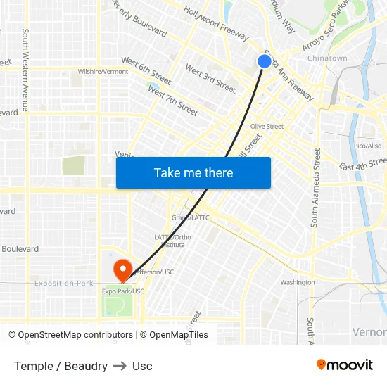 Temple / Beaudry to Usc map