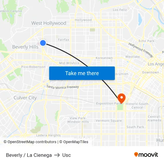 Beverly / La Cienega to Usc map