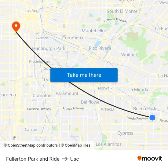 Fullerton Park and Ride to Usc map