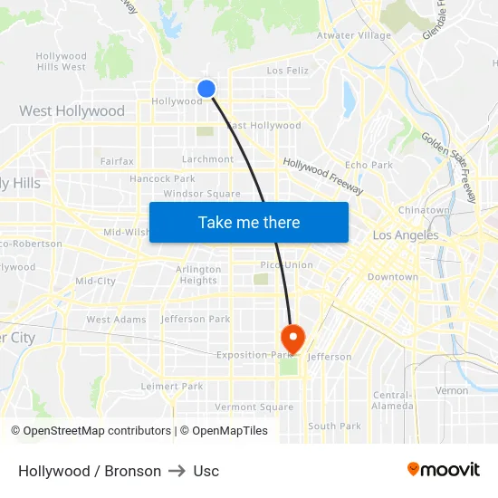 Hollywood / Bronson to Usc map