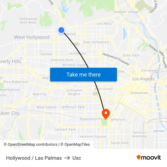 Hollywood / Las Palmas to Usc map