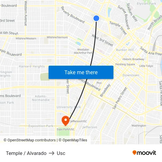 Temple / Alvarado to Usc map