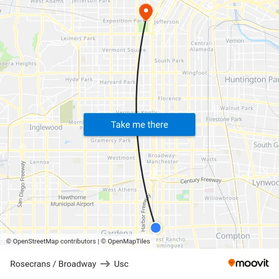 Rosecrans / Broadway to Usc map