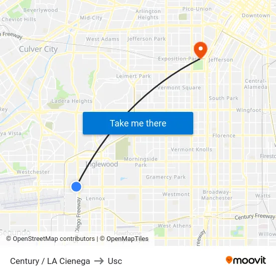 Century / LA Cienega to Usc map