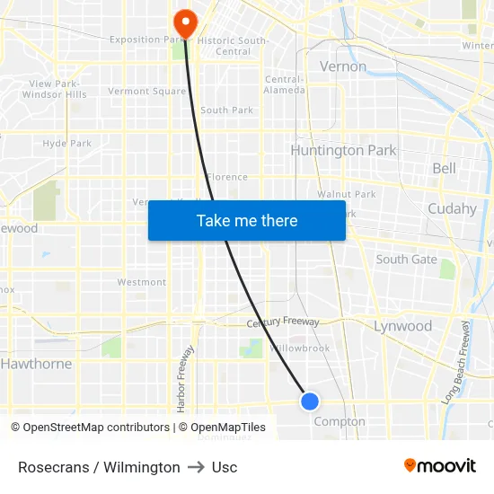 Rosecrans / Wilmington to Usc map