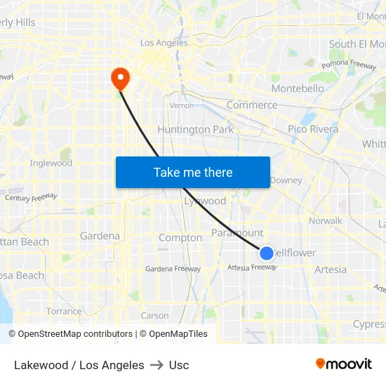Lakewood / Los Angeles to Usc map