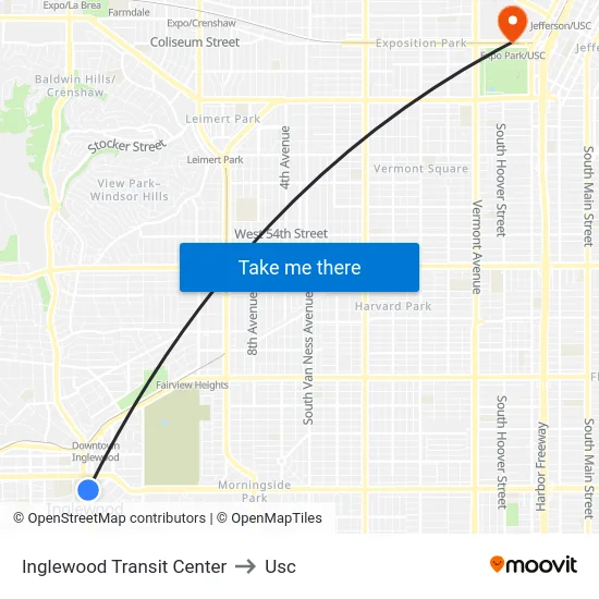 Inglewood Transit Center to Usc map
