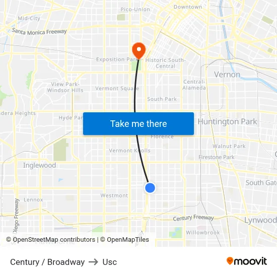 Century / Broadway to Usc map