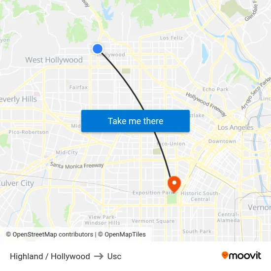 Highland / Hollywood to Usc map