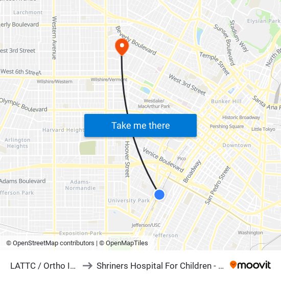 LATTC / Ortho Institute to Shriners Hospital For Children - Los Angeles map