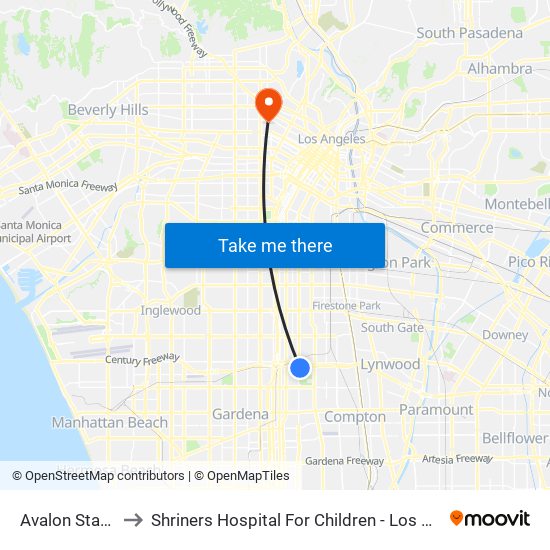 Avalon Station to Shriners Hospital For Children - Los Angeles map