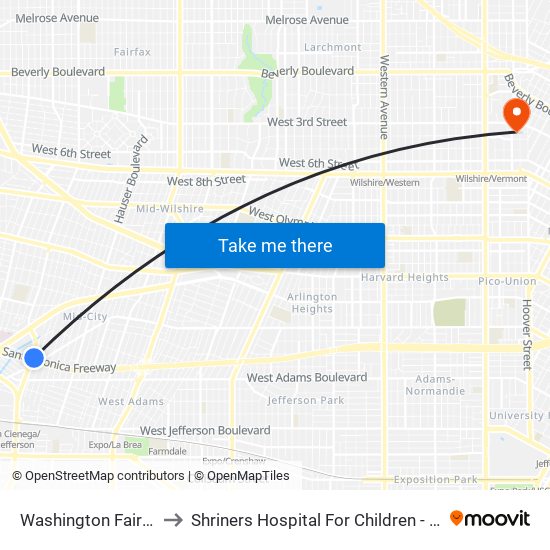 Washington Fairfax Hub to Shriners Hospital For Children - Los Angeles map