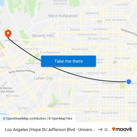 Los Angeles (Hope St/Jefferson Blvd - University of Southern California ) to Ucla map