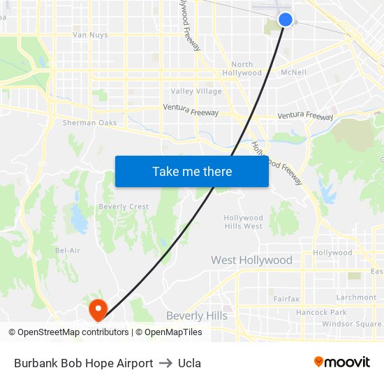 Burbank Bob Hope Airport to Ucla map