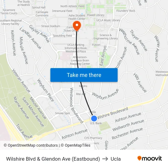 Wilshire Blvd & Glendon Ave (Eastbound) to Ucla map