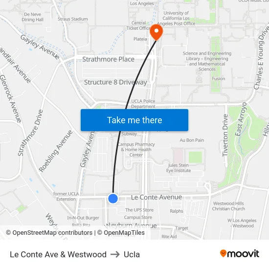 Le Conte Ave & Westwood to Ucla map