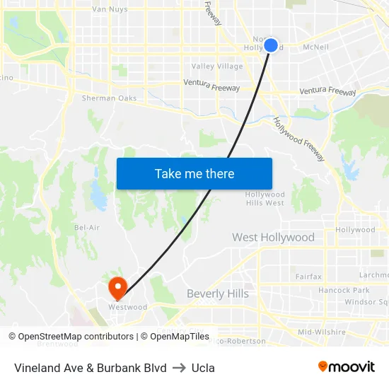 Vineland Ave & Burbank Blvd to Ucla map