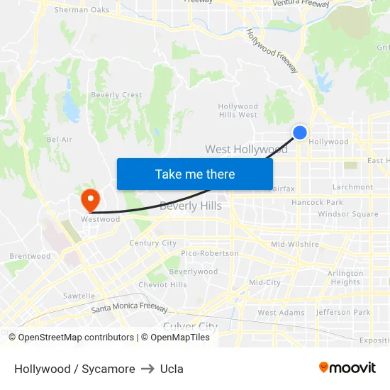 Hollywood / Sycamore to Ucla map