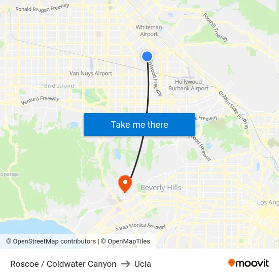 Roscoe / Coldwater Canyon to Ucla map