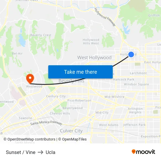 Sunset / Vine to Ucla map