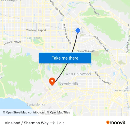 Vineland / Sherman Way to Ucla map
