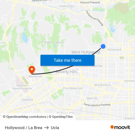 Hollywood / La Brea to Ucla map