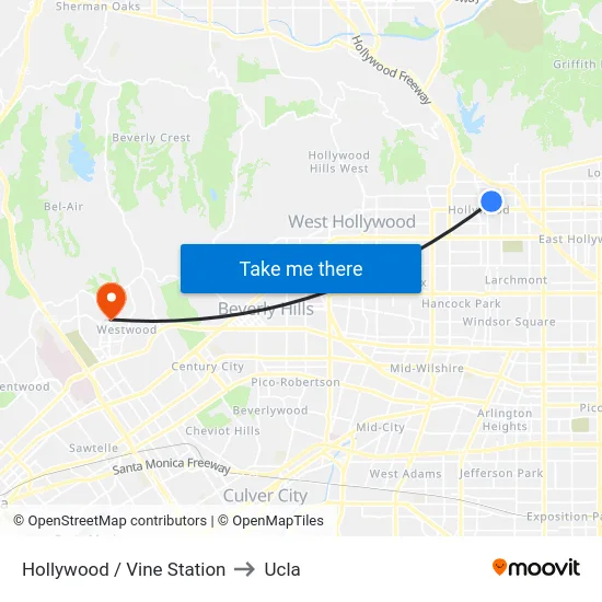 Hollywood / Vine Station to Ucla map