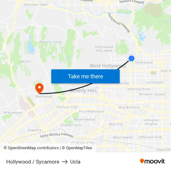 Hollywood / Sycamore to Ucla map