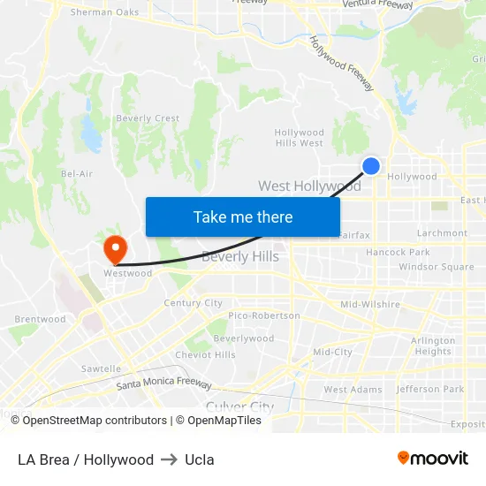 LA Brea / Hollywood to Ucla map