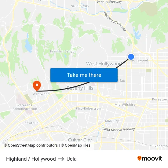 Highland / Hollywood to Ucla map