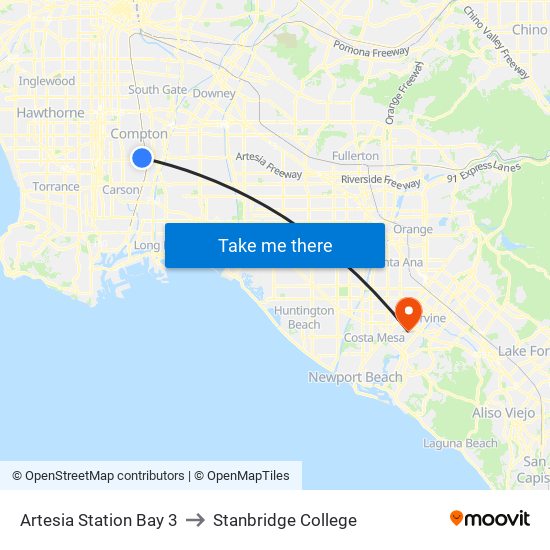 Artesia Station Bay 3 to Stanbridge College map