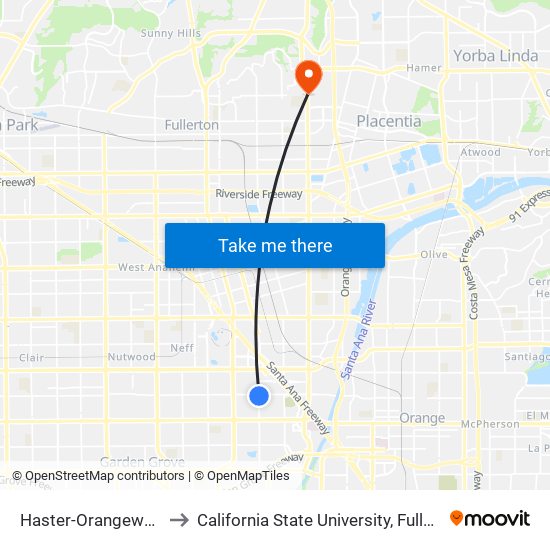 Haster-Orangewood to California State University, Fullerton map