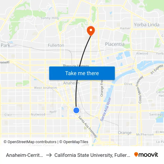 Anaheim-Cerritos to California State University, Fullerton map