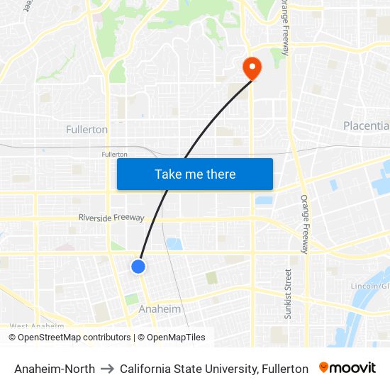 Anaheim-North to California State University, Fullerton map