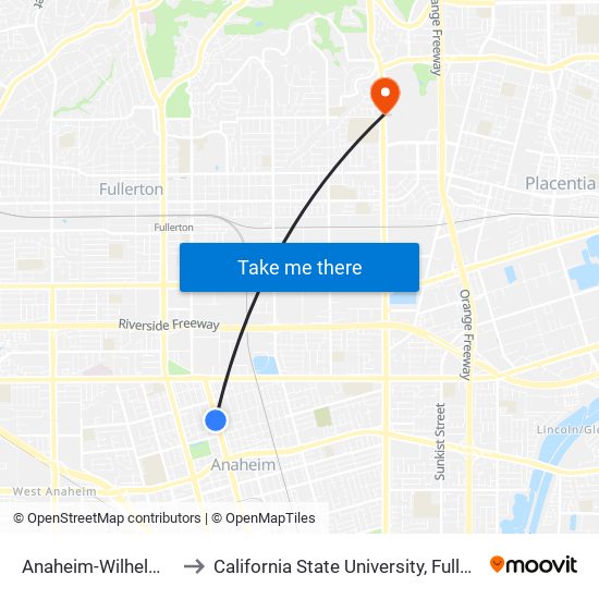 Anaheim-Wilhelmina to California State University, Fullerton map