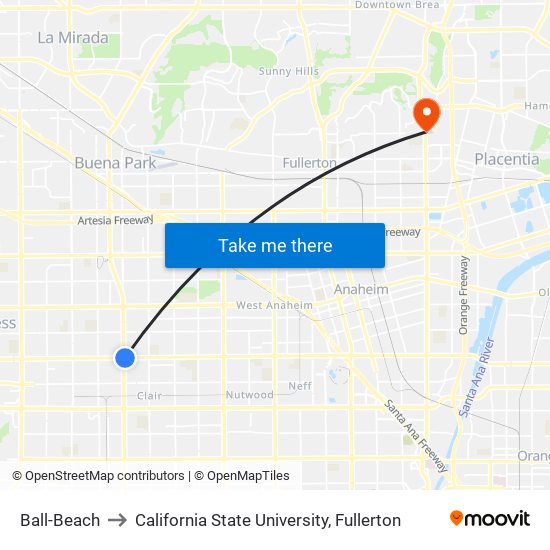 Ball-Beach to California State University, Fullerton map