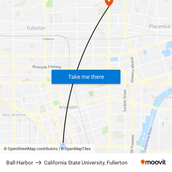 Ball-Harbor to California State University, Fullerton map