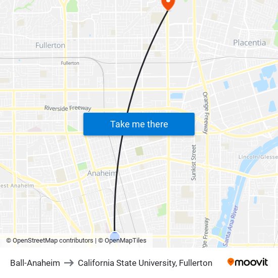 Ball-Anaheim to California State University, Fullerton map