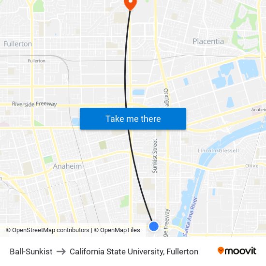 Ball-Sunkist to California State University, Fullerton map