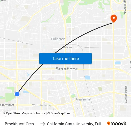 Brookhurst-Crescent to California State University, Fullerton map